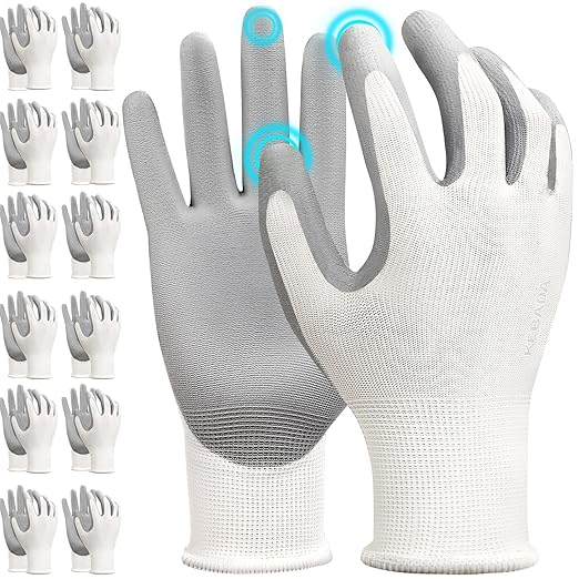 Kebada W1 Work Gloves for Men and Women, 12 Pairs Touchscreen Safety Gloves with Grip, PU-Coated, Ideal for Light & Medium Duty Tasks, White, Small