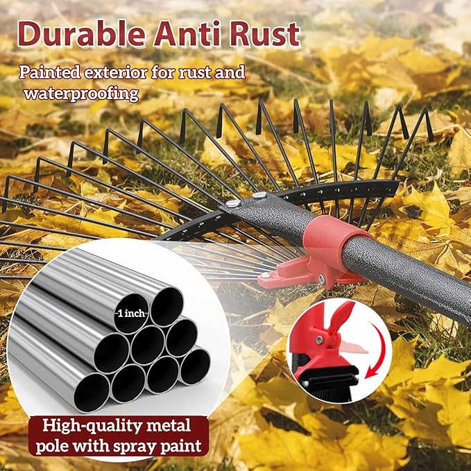61 Inch Rake for Leaves , Adjustable 18 Tines with Expandable Head 9-18in Grass Rake Heavy Duty Metal Rakes for Women Children Yard Gardener Gardening Grass Debris Lawns