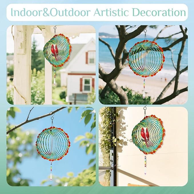 Cardinal Wind Spinner Crystal Tail, Marzovitra 10 inch 3D Stainless Steel Hanging Wind Spinner Metal Wind Catchers Kinetic Sculpture for Indoor,Outdoor Garden Decor,Yard Art