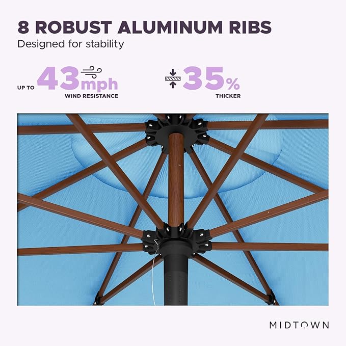 Midtown Umbrellas The Wooden 10 Feet Patio Umbrella With Sunbrella Capri Acrylic Fabric - Aluminum Frame Market Umbrella For Backyard, Deck, Garden, Pool - Wooden Pole