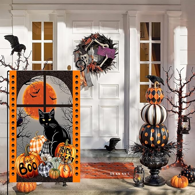 Black Cat Halloween Flag, Pumpkin Trick or Treat Boo Flag, Holiday Yard Flag, Garden Flag 12x18 Double Side