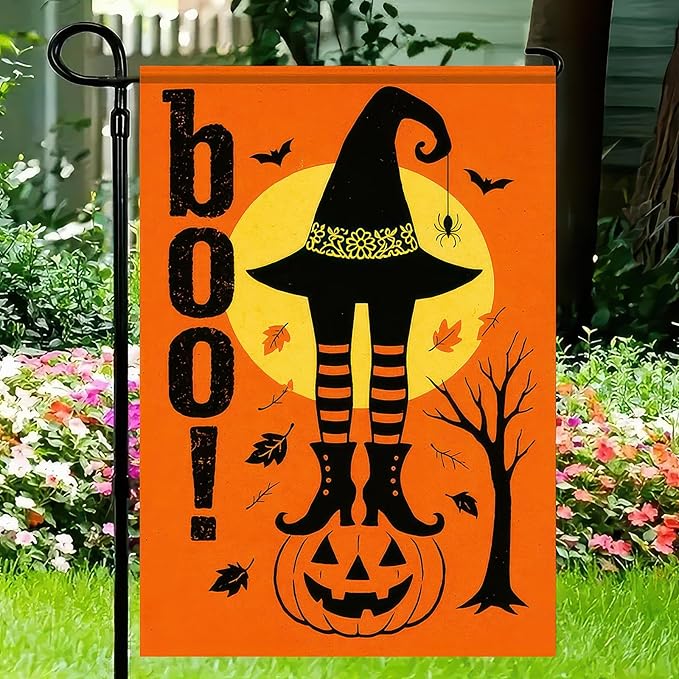 Boo Halloween Garden Flag 12x18 inch Double Sided Witch Hat Legs Jack-O-Lantern Banner Spooky Pumpkin Flags Small Yard Flag for Halloween Outdoor Decoration Porch Lawn Garden Decor