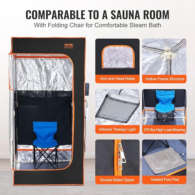 VEVOR Infrared Portable Sauna Tent, 1400W Personal Sauna Kit for Home Spa Heated Body Therapy, Time & Temperature Remote Control with Chair & Floor Mat, Black, 2.9’x 2.9’x 5.8’