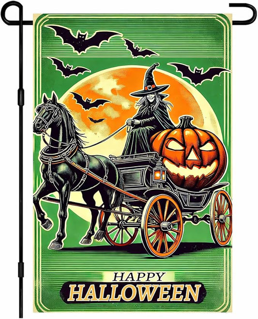 Halloween Horror Garden Flag 12x18 Inch Witch Carriage Pumpkin Moon Flag Outdoor Yard Decorations House Banner Porch Lawn Patio Home Decor