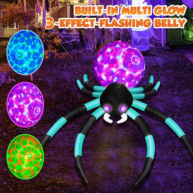 12Ft Giant Halloween Inflatables Spider Built-in 7-Color-Shifting Eyes & 3-Effect-Flashing Belly, Large Halloween Decorations Outdoor Huge Blow Up Yard Decorations Blowups for Holiday- 1PCS（Cyan）