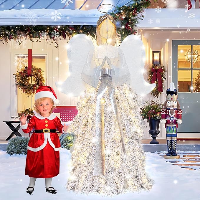 54" Angel with Wings Christmas Decoration for Indoor Outdoor,Lighted up White Angel Halo Christmas Decor Holiday Display with Lights