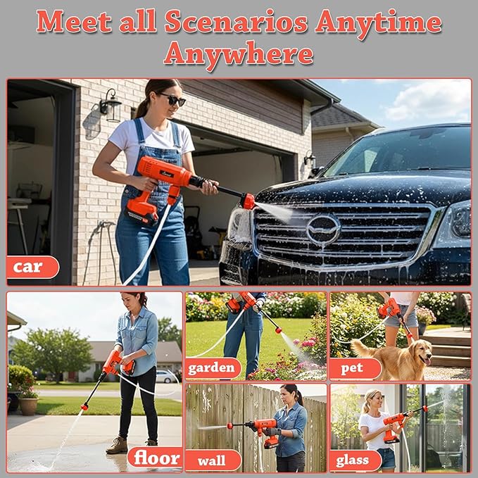 Power Washer,1200 PSI Cordless Pressure Washer with 2×21V Battery&6-in-1 Multi-Function Nozzle,Portable Pressure Washer Suitable for Cleaning Vehicles, patios, Glass, Floors, and Watering Plants