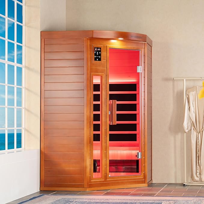 Woodbridge Infrared Sauna Room 2 Person Hemlock Wood Indoor Corner Sauna with 7 Carbon Heaters, Red Light Therapy,Bluetooth Speaker,Intelligent Dual Control System,Tempered Glass,Exterior Brim Light