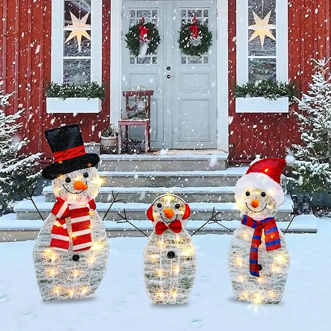 TW SHINE Lighted Christmas Snowman Outdoor Decoration, 3-Piece Pre-Lit 2D Snowman Family Set with 55 Warm White Lights, Christmas Yard Decorations for Patio Lawn Garden Decor, 20.5X9X29.5Inch-Large