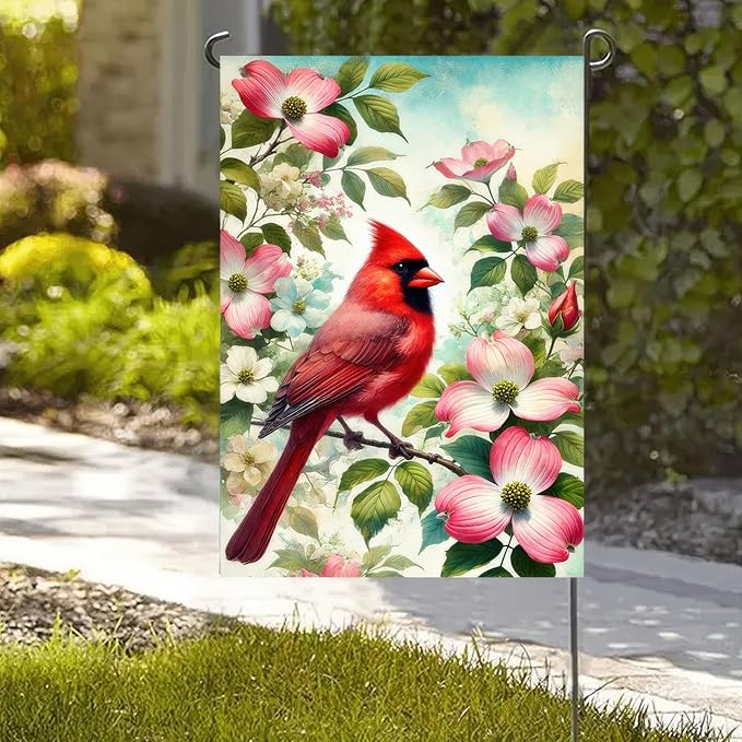 Spring Cardinal Garden Flag 12×18 Inch Double Sided Red Bird Flower Yard Flag Decorations for Lawn Yard Outdoor Birdhouse Farmhouse Decor