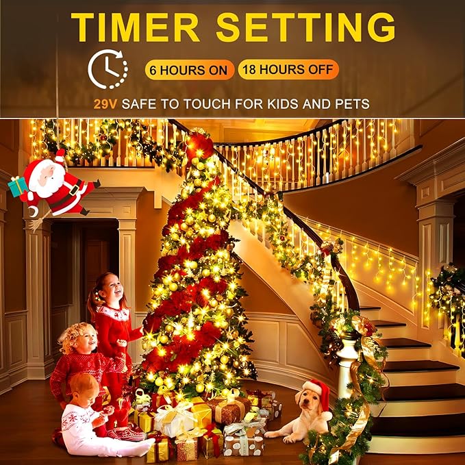 KNONEW 99ft 1216 LED Christmas Lights Outdoor Decorations with 228 Drops, 8 Modes Curtain Fairy String Light, Clear Wire LED String Light Indoor Decor for Wedding Party Christmas