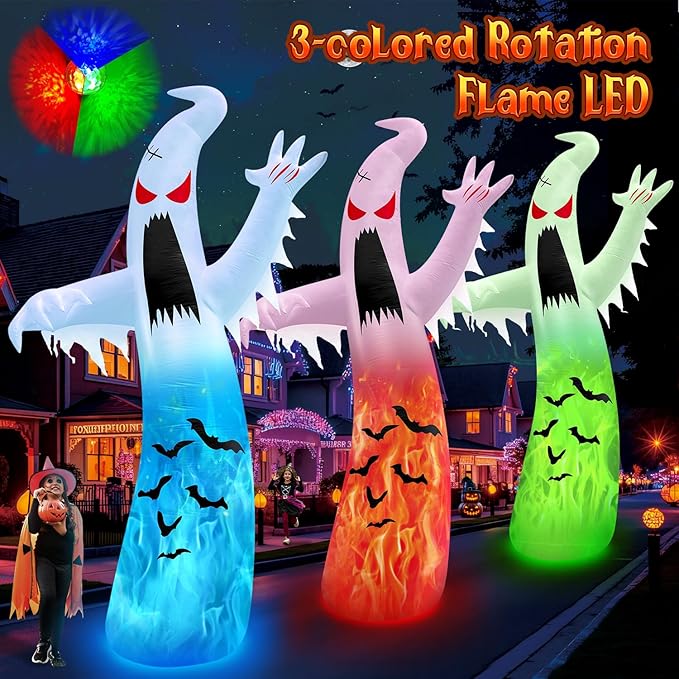 1PCS 12FT Giant Halloween Inflatables Decoration Ghost with 3-Colored Flame Rotation LED Light Spooky Halloween Decorations Outdoor Blow Up Yard Decoration for Home Lawn Holiday Party