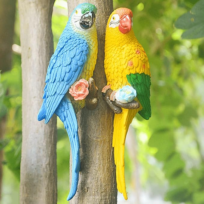 Bird Statue Garden Decorations,Outdoor Resin Bird Figurine Decoration,Bird Statue Real Parrot Figurine,Flapping Macaw Bird Tropical Decor Wall Sculpture, Polyresin, Full Color