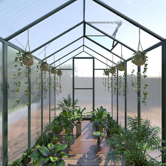 72*96in Greenhouse for Outdoors, Polycarbonate Greenhouse with Stronger Wind Protection and Roof Vent, Walk-in Large Aluminum Sunroom Winter Proof, Green