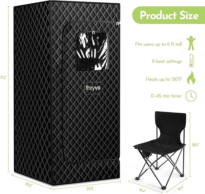 Portable Home Sauna Box for Relaxation & Detoxification with 1500W Steamer, Remote Control, Foldable Chair, Soothing Red Light, 3L Tank, Diatom Mat, 9 Levels, Foldable Design, 30.5 x 30.5 x 69.9 in