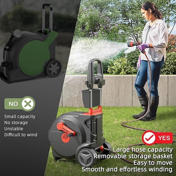 Hand-Crank Garden Hose Reel 5/8" x 100ft, Heavy Duty Garden Water Hose Reel, Removable, Any Length Lock, Hand Crank Effortless Rewind System, 4-Pattern Nozzle