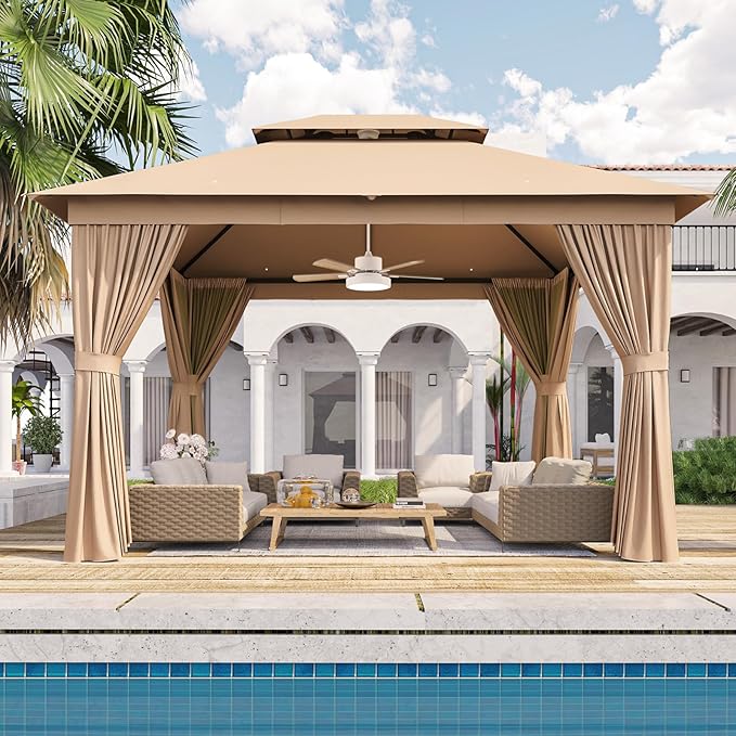 Outdoor Gazebo Metal Frame Patio Pergola Double Roofs Patio Canopy with Double-Layer Door and Mosquito Netting for Deck, Backyard, Lawn (Beige, 10x12FT)