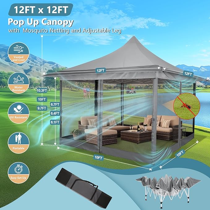 COBIZI 12x12 Pop Up Gazebo On Clearance Canopy Tent Easy Up Outdoor Gazebo Waterproof Upgrade with Mosquito Nettings and Carry Bag for Patio Garden Lawn