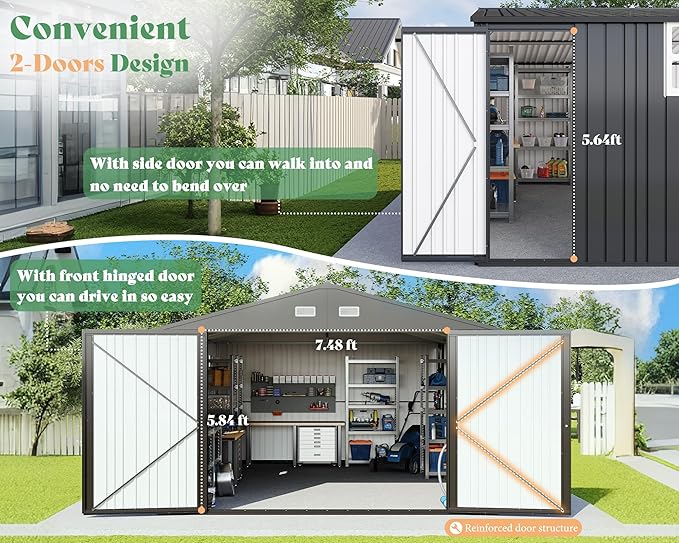 AMERLIFE 10x21x7.3 FT Outdoor Metal Garage Shed, Extra Large Storage Shed with Double Hinged Doors & 4 Windows, Carport for Car, Midsize SUV and Equipment Storage, Dark Gray