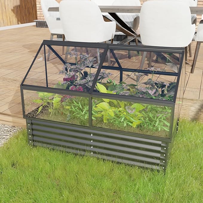 68.7" Raised Garden Bed with Greenhouse Cover, Galvanized Steel Planter Box with Open Bottom Drainage, Dual Use Outdoor Metal Planter for Vegetables Flowers and Herbs