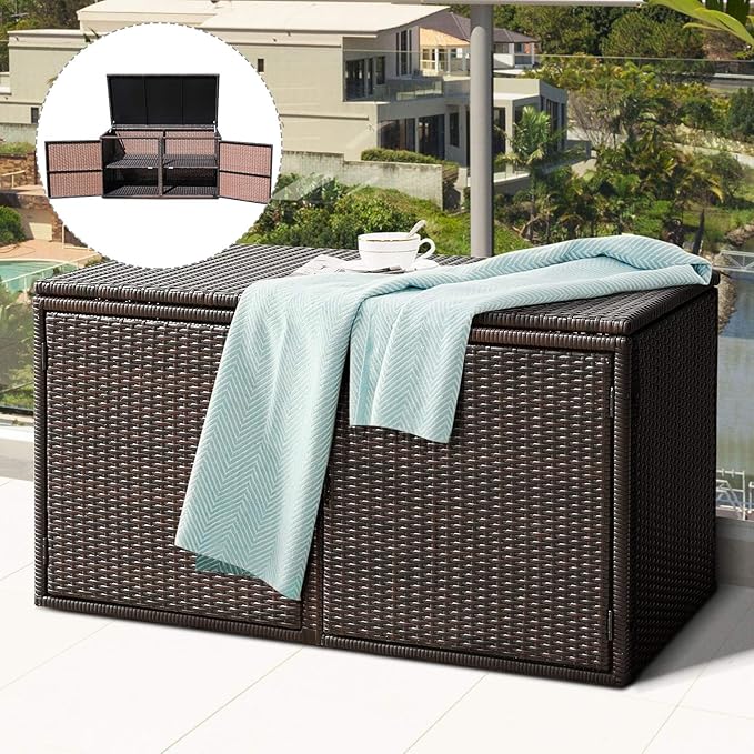 Tangkula Outdoor Wicker Storage Box, Garden Deck Bin with Steel Frame, Rattan Storage Box with Lid, Ideal for Storing Tools, Accessories, 88 Gallon Capacity (Brown)