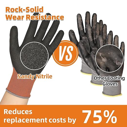Schwer 12 Pairs Safety Work Gloves with Sandy Nitrile Coating LT5626, Max Abrasion Resistance Heavy Duty Gloves with Grip for Men and Women, Ideal for General Use, Mechanic, Construction, Gardening, S
