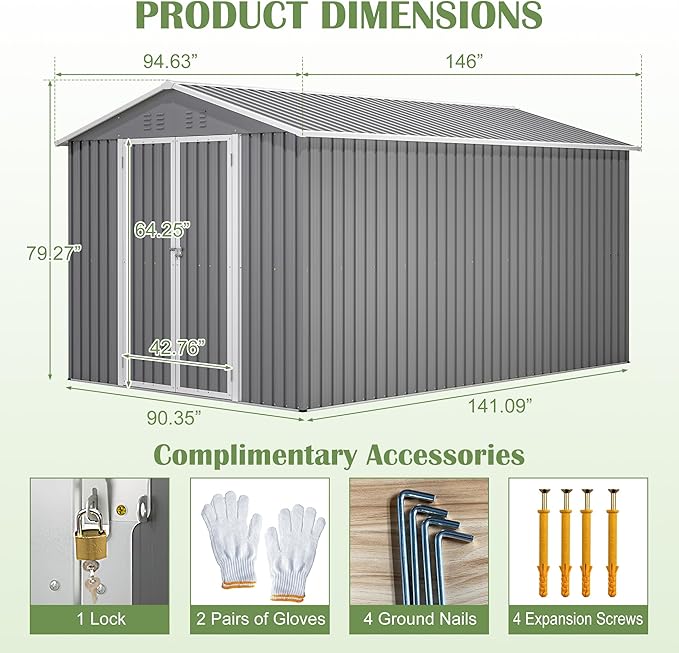 8x12 FT Shed Outdoor Storage Metal Large Garden Tool Sheds with Lockable Doors Floor Frame Gable Roof Waterproof Steel Utility Equipment Sheds for Backyard Patio Lawn Poolside, Grey