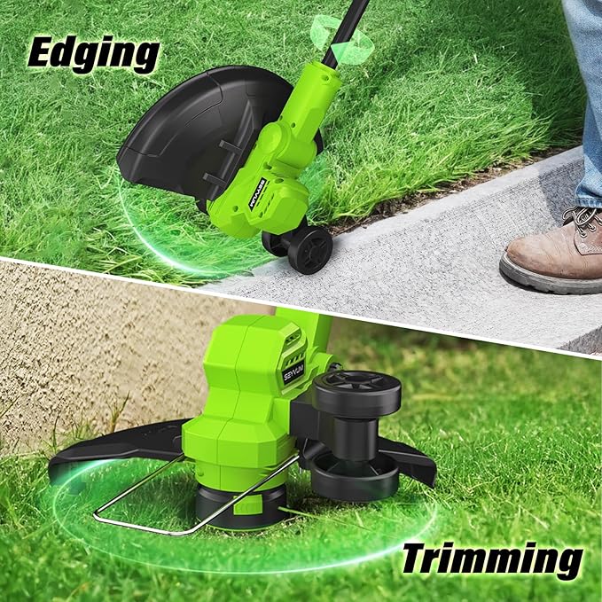 SEYVUM String Trimmer, 20V 12-inch Cordless Weed Wacker with Auto Line Feed, 2 X 2.0Ah Battery Powered Lawn Edger with 8 Pcs Grass Cutter Spool Line, Fast Charger Included, Green
