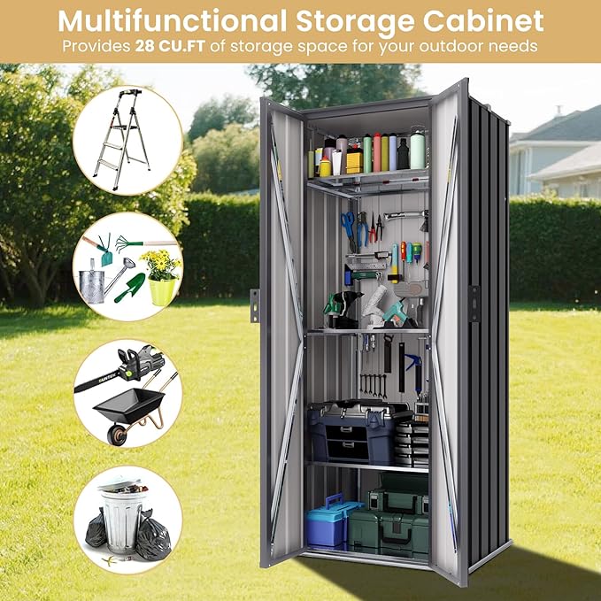 Greesum 69'' Metal Storage Shed, 28 Cuft Storaged Cabinet with Lockable Door, Vertical Tool Organization Cabinets with 2 Adjustable Shelves, for Home, Backyard, Patio, Garage, Lawn, Black
