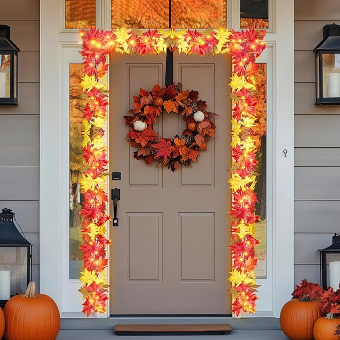 Fall Decorations for Home Large Maple Leaves 2 Pack 9FT Plug in Fall Lights with 50 Orange Bulb UL Certified Connectable Fall Decor Garland for Indoor Outdoor Aumtum Halloween Thanksgiving Decoration