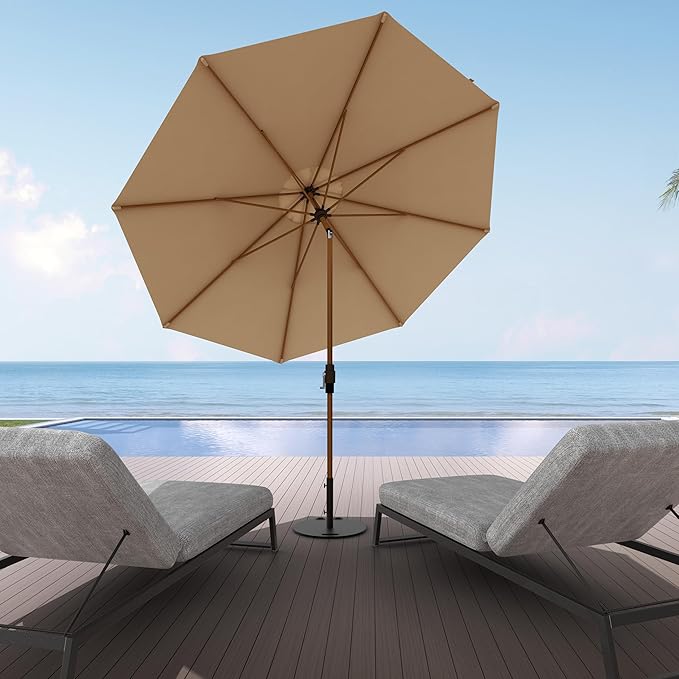Midtown Umbrellas Sunbrella Umbrella Outdoor Patio Umbrella 2-9 Feet in Heather Tan Acrylic Fabric, Auto-Tilt Aluminum Frame For Backyard Umbrella, Deck Umbrella & Porch Umbrella - Wooden Pole