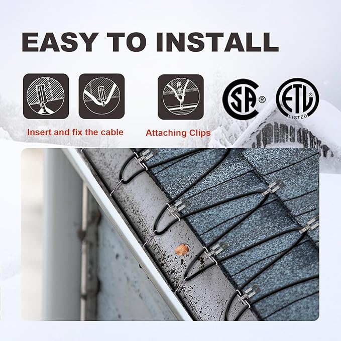 TDRD 80 feet Roof & Gutter Snow De-Icing Kit, 5W/ft Heat Tape for Roof and Gutters Ice Dam Prevention with 6 ft Power Cold