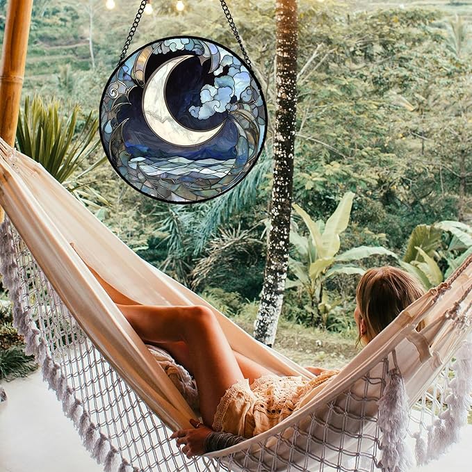 Stained Glass Window Hanging - Abstract Sea of Clouds Moon Sun Catcher for Door Terrace Garden Home Decor, Gray Blue Suncatcher Birthday Gifts for Lovers Women Men Dad Mom Nana 7.8 in