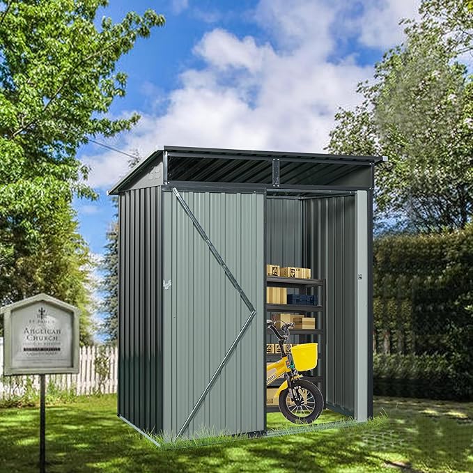 5X3 FT Outdoor Storage Shed, Waterproof Metal Garden Sheds with Lockable Door, Steel Tool Storage Buildings Shed & Outdoor Storage House for Garden, Backyard, Patio, Lawn, Trash Cans(Grey)