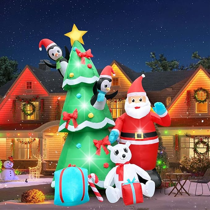 10FT Christmas Inflatable Xmas Tree with Smiley Santa, A Penguin in Red Hat, Polar Bear & Gift Boxes Light-Up Blow Up Yard Decor for Holiday Lawn, Garden, or Festive Family Fun Display