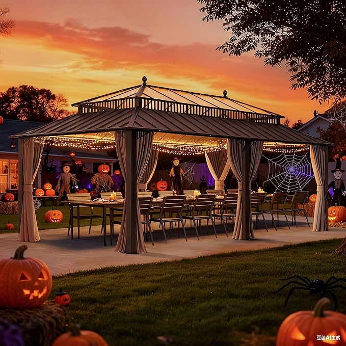 SUNJOY Kingston 20' x 12' Hardtop Gazebo with Galvanized Steel/Polycarbonate Double Roof, Curtain and Netting, Brown Aluminum Posts Permanent Pavilion Gazebo for Garden, Patio, Deck, Lawn