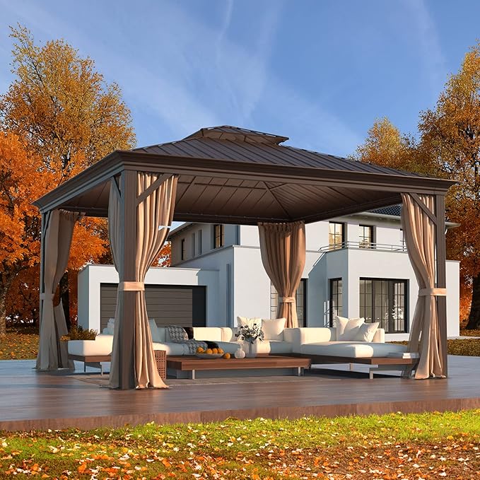 EROMMY 12' x 12' Gazebo Hardtop Double Roof Galvanized Steel Gazebos with Netting and Curtains Outdoor Aluminum Frame Permanent Metal Pavilion for Patio Backyard Deck and Lawns