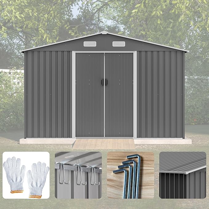10X8 FT Outdoor Storage Shed W/Lockable Sliding Doors,Metal Shed W/Sloped Roof & Air Vents,All Weather Garden Tool House for Backyard Patio Lawn,Gray