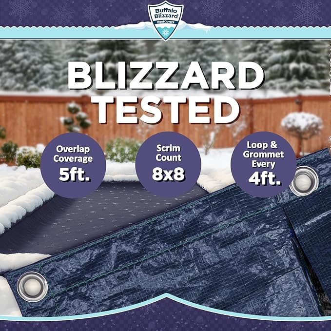 Buffalo Blizzard Deluxe 14 ft x 28 ft Rectangular Winter Pool Cover | Blue/Black | Closing Inground Swimming Pools | Easy to Install | Heavy Duty, Cold & UV Resistant | Shields from Seasonal Debris