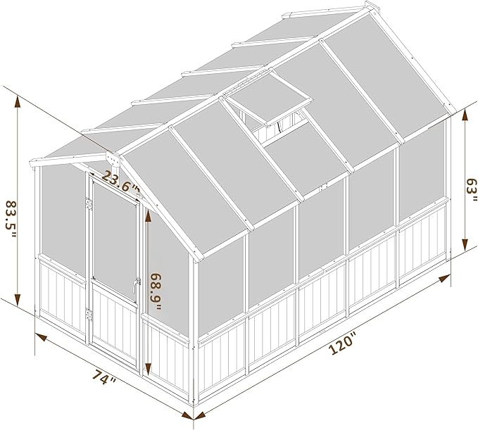 Greenhouse for Outdoor, 6x8ft-8x12ft Wooden WAK-in Greenhouse Kitwith 6MM Thick Polycarbonate Panel, Lockable Door & Adjustable Roof Vent ，Backyard Garden ﻿ (Light Mocha Brown, 6x10 FT)