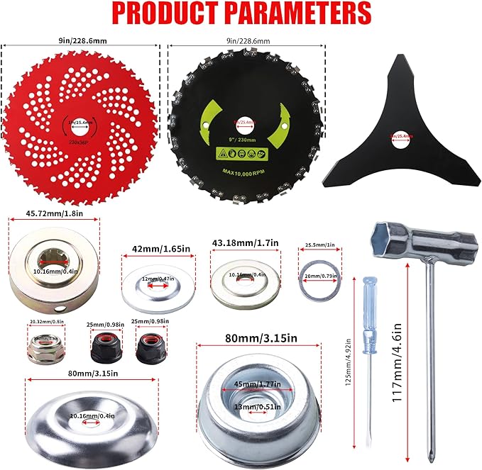 9" x 36 Teeth Carbide Tipped Blades & 9" x20T Carbon Steel Round Chainsaw Tooth Brush Blades & 10" x 3 Teeth Carbon Blades with Adapter Kit