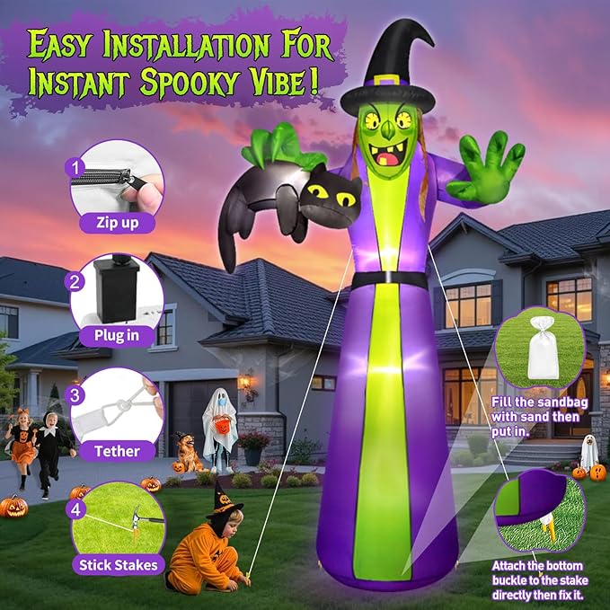 12FT Giant Halloween Inflatables Witch Outdoor Decorations, Huge Halloween Blow Up Spooky Witch Grabbing Black Cat Yard Decoration Built-in LEDs & Strong Blower Large Tall for Lawn Party