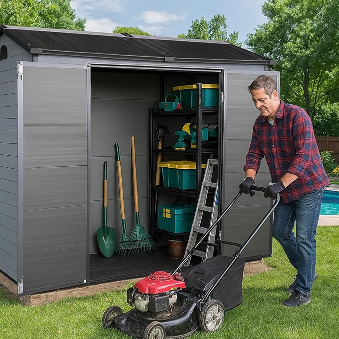 8x4 FT Resin Storage Shed with Floor Included, Outdoor Plastic Sheds & Outdoor Storage Clearance with 2 Windows and Lockable Door, Backyard Storage Shed for Garden Tools, Bike, Black+Grey