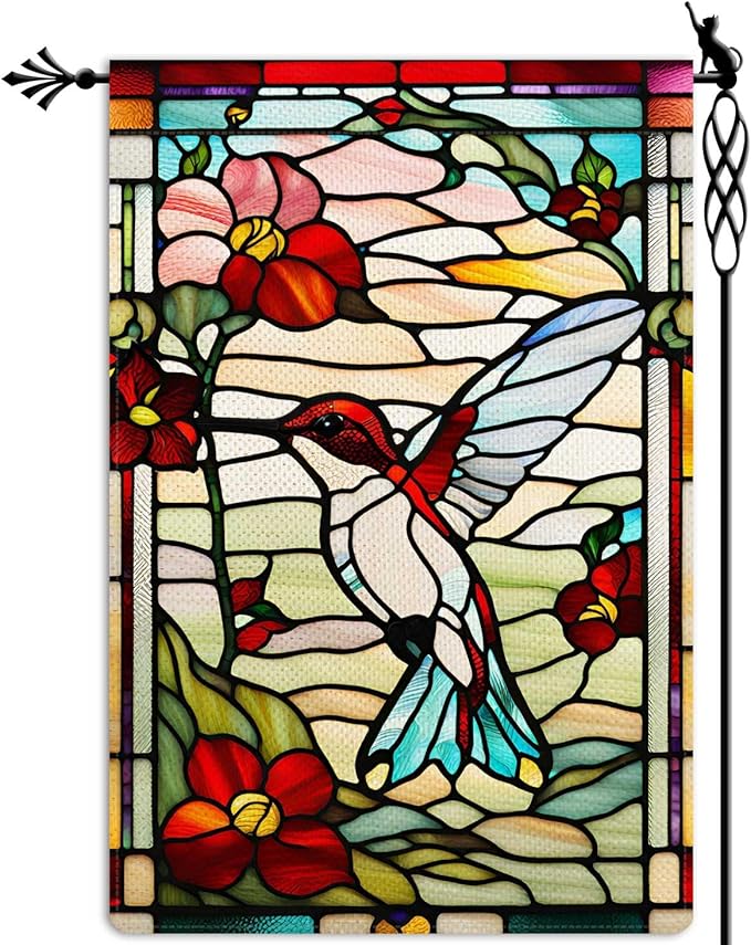Spring Summer Hummingbird Garden Flag Glass Style Garden Flag Vertical Double Sided Rustic Farmland Burlap Yard Lawn Outdoor Decor 12.5x18"