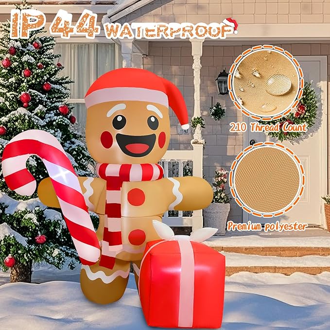 2025 Christamas Inflatable Gingerbread 6FT Gingerbread Man with Gift Box Christamas Inflatables Outdoor Decoration Xmas Gingerbread Blow Up Decor with Built-in 4 LED for Holiday Party Yard Garden Lawn