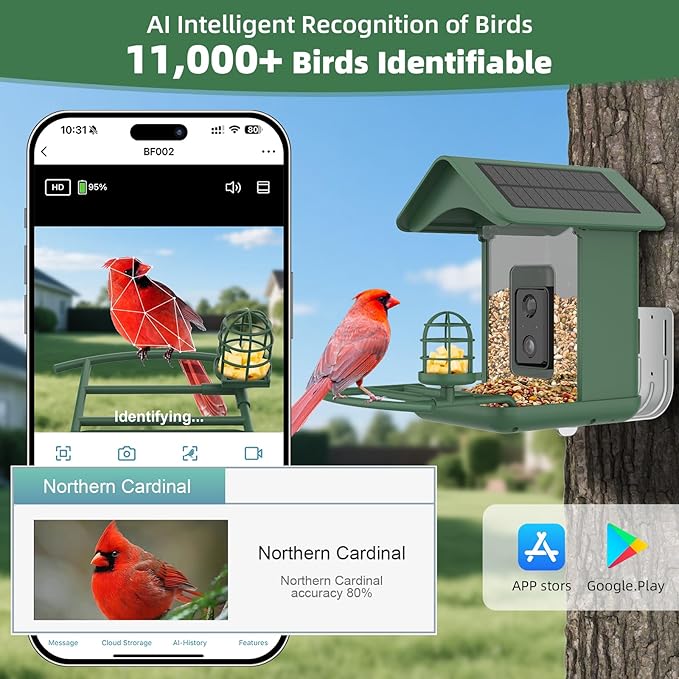 Smart Bird Feeder with Camera Solar Powered,AI Species Identify,2K HD Auto Capture Video,Instant Arrival Alerts,2L Large Capacity,IP65 Waterproof,Hummingbird Feeders for Outdoors,Gift for BirdLovers