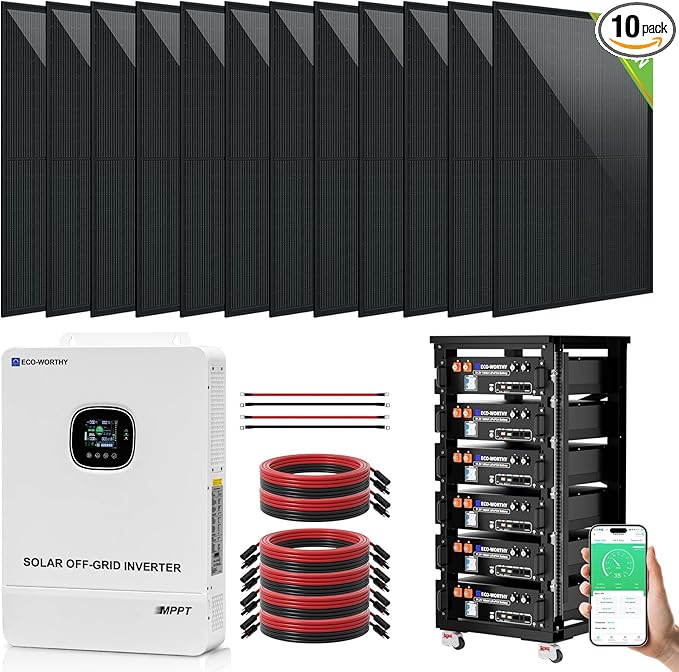 ECO-WORTHY 10KW Output Home Off-Grid Solar Power System: 30.72kwh Server Cabinet with Communication Lithium Battery, Large Capacity, More Freedom.4920W Monocrystalline Photovoltaic Solar Panel Matrix.