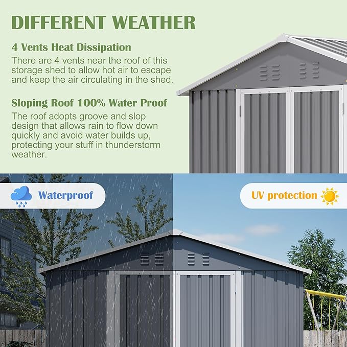 8x12 FT Shed Outdoor Storage Metal Large Garden Tool Sheds with Lockable Doors Floor Frame Gable Roof Waterproof Steel Utility Equipment Sheds for Backyard Patio Lawn Poolside, Grey