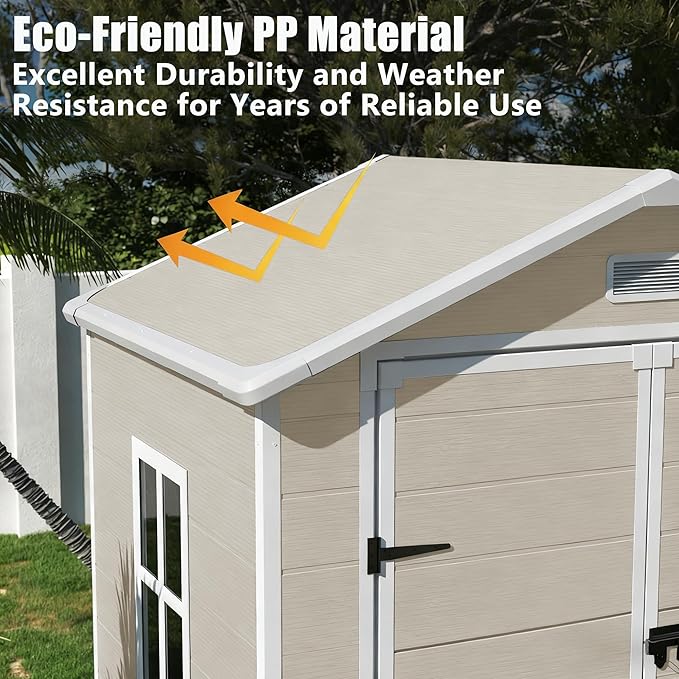 Outdoor Shed 5x3/6x4/7x7/8x6/8x10/8x12 FT, 15MM Thick PP Resin Plastic Shed with Lockable Door & Floor - Waterproof Plastic Tool Shed for Bike, Garbage Can, Backyard, Patio ﻿ ﻿ (Light Brown, 6x4FT)