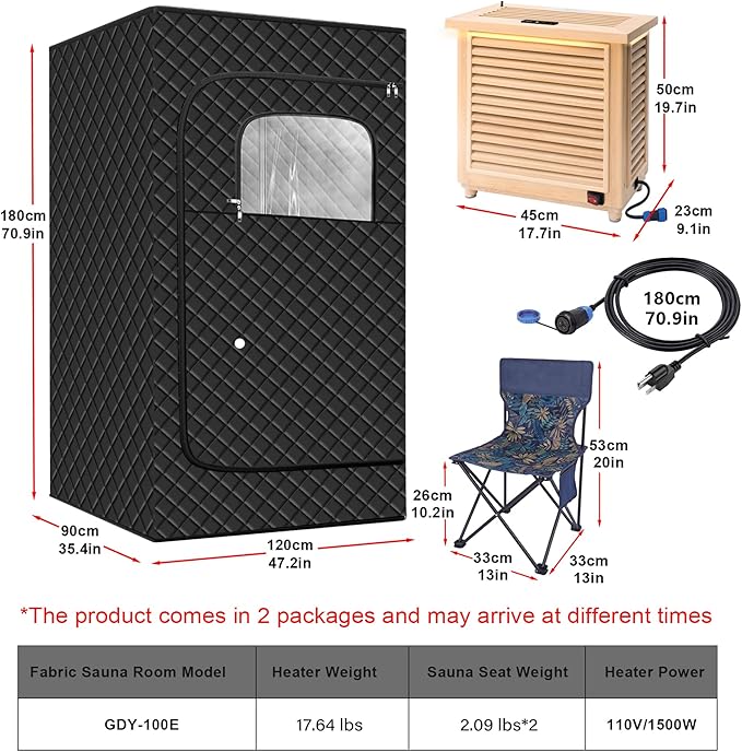 Portable Infrared Sauna Tent, Dry Sauna Box with 1500W Graphene Heater and 2 Chairs, Smart Touch and APP Control, 1-2 Person Full Body Sauna Kit for Home Spa Relaxation
